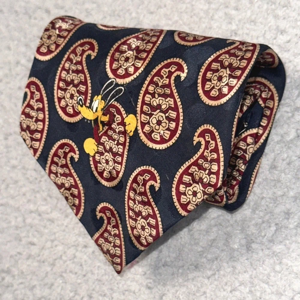 Vintage Disney Store Silk Necktie Mens OS Navy Paisley Mickey Donald Goofy 90s